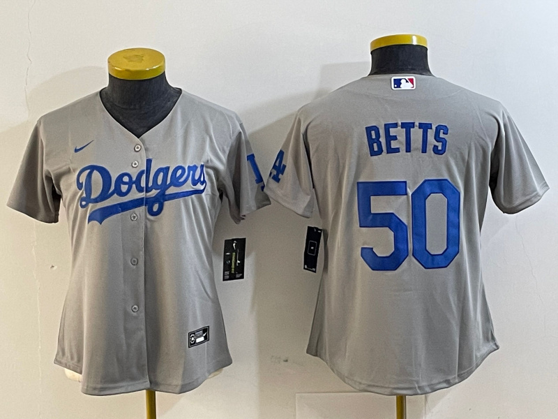 Women's Los Angeles Dodgers #50 Mookie Betts Grey Stitched Jersey(Run Small) Women's Los Angeles Dodgers #50 Mookie Betts Grey Stitched Jersey(Run Small)